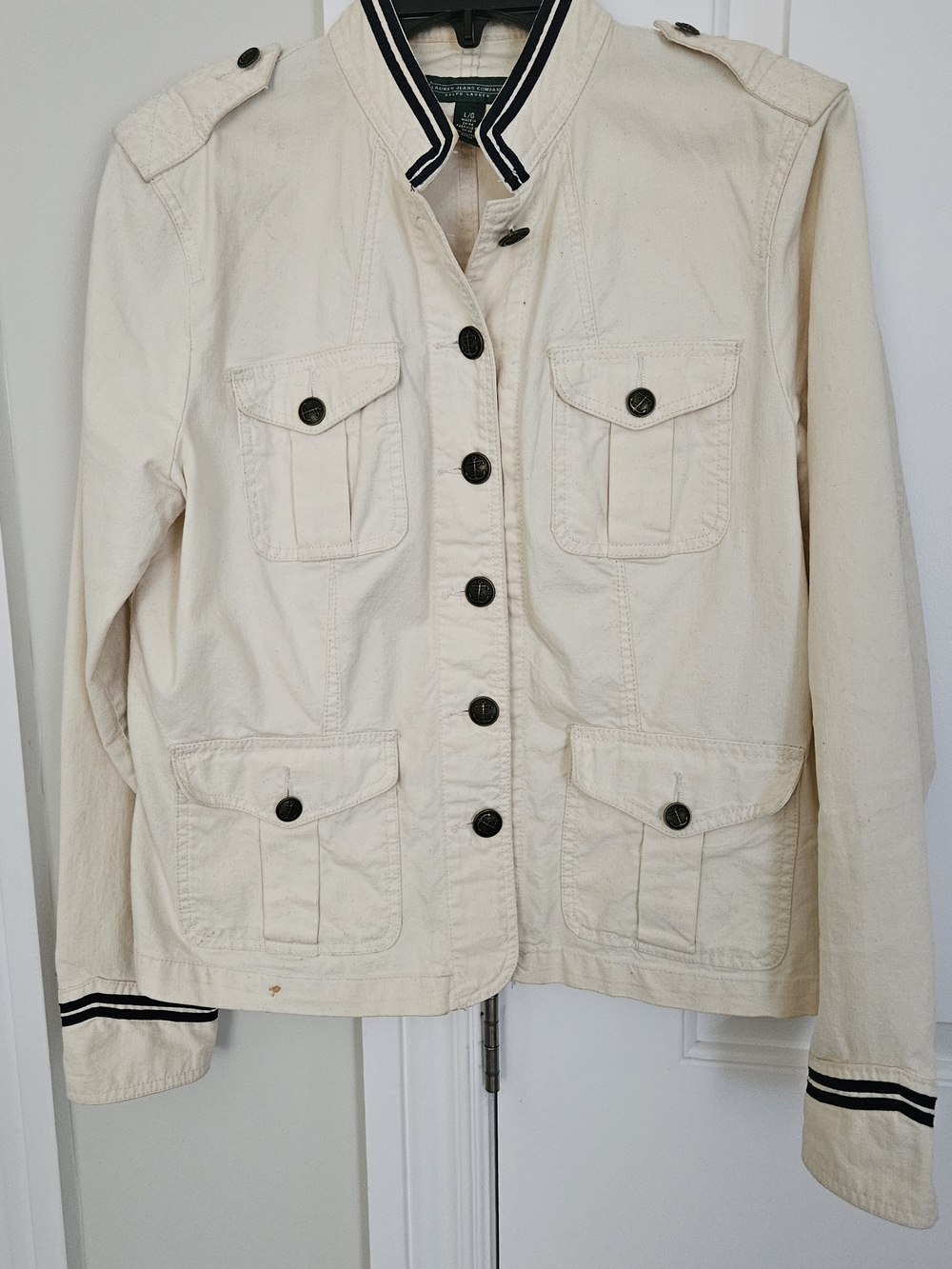 Lauren Ralph Lauren Cream Utility Field Jacket with Striped Trim